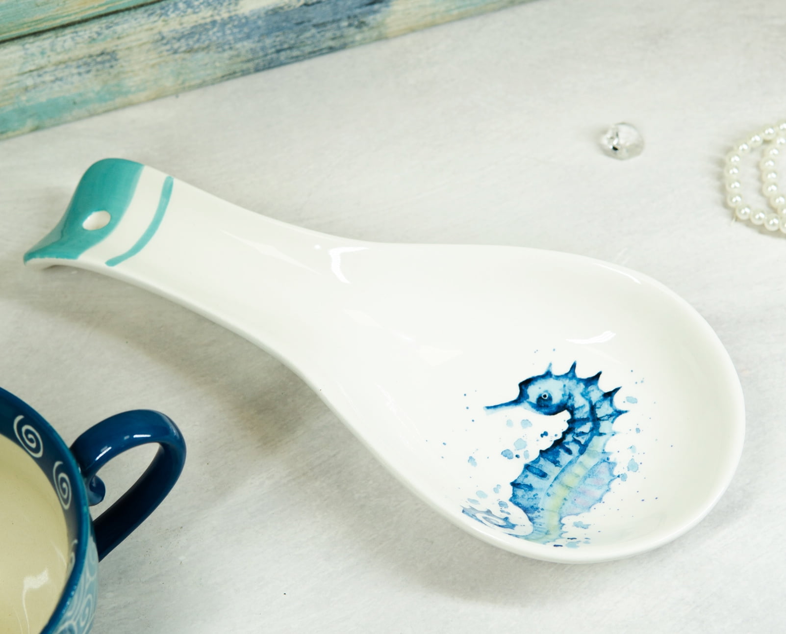 Nautical Marine Blue White Seahorse Ceramic Kitchen Utensil Holder Spoon Rest