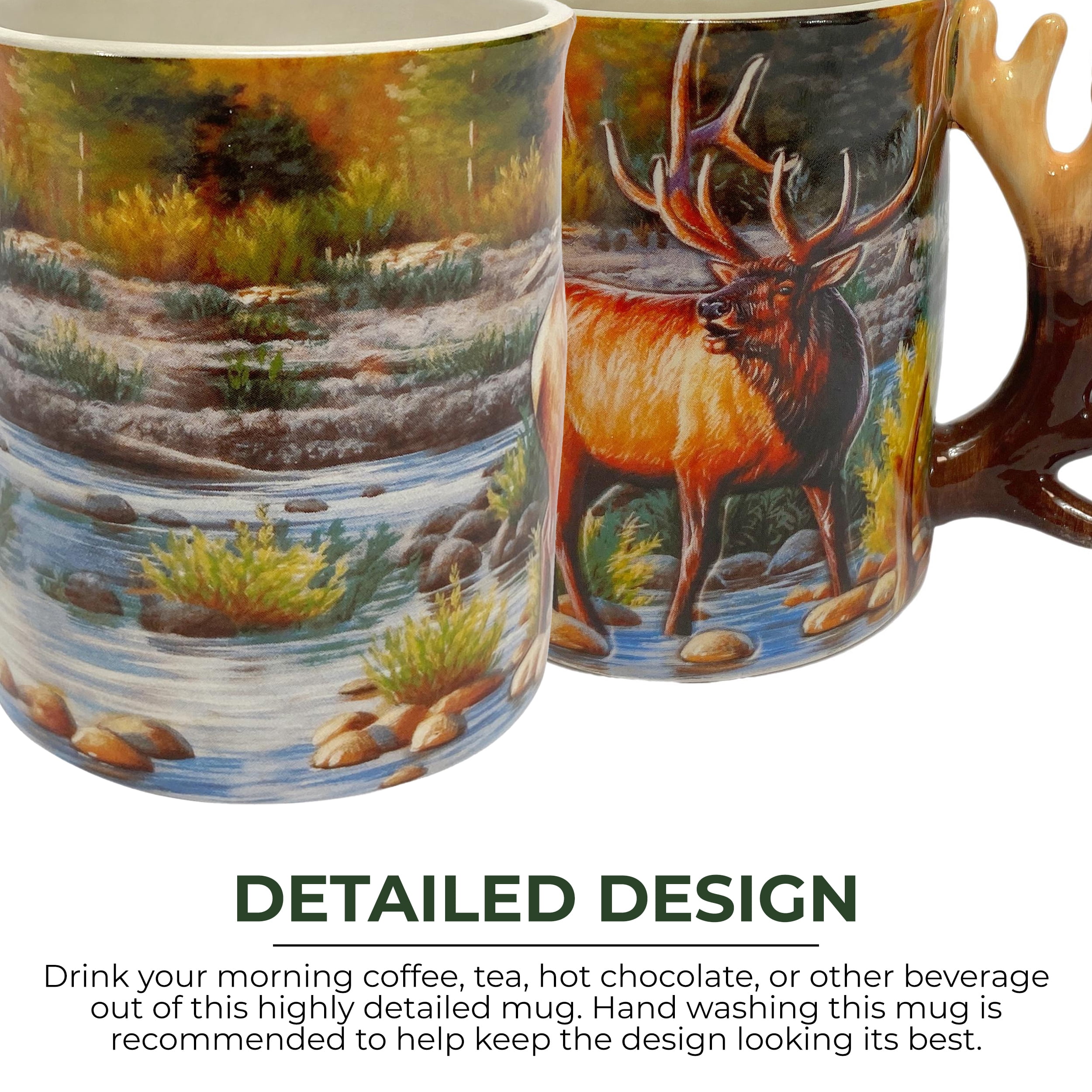 Rivers Edge Products Elk 3D Ceramic Coffee Mug with Handle, 15 Ounces, Espresso Cups and Coffee Cups Ceramic, Perfect for Coffee, Expresso, Latte, or Tea, Elk Scene