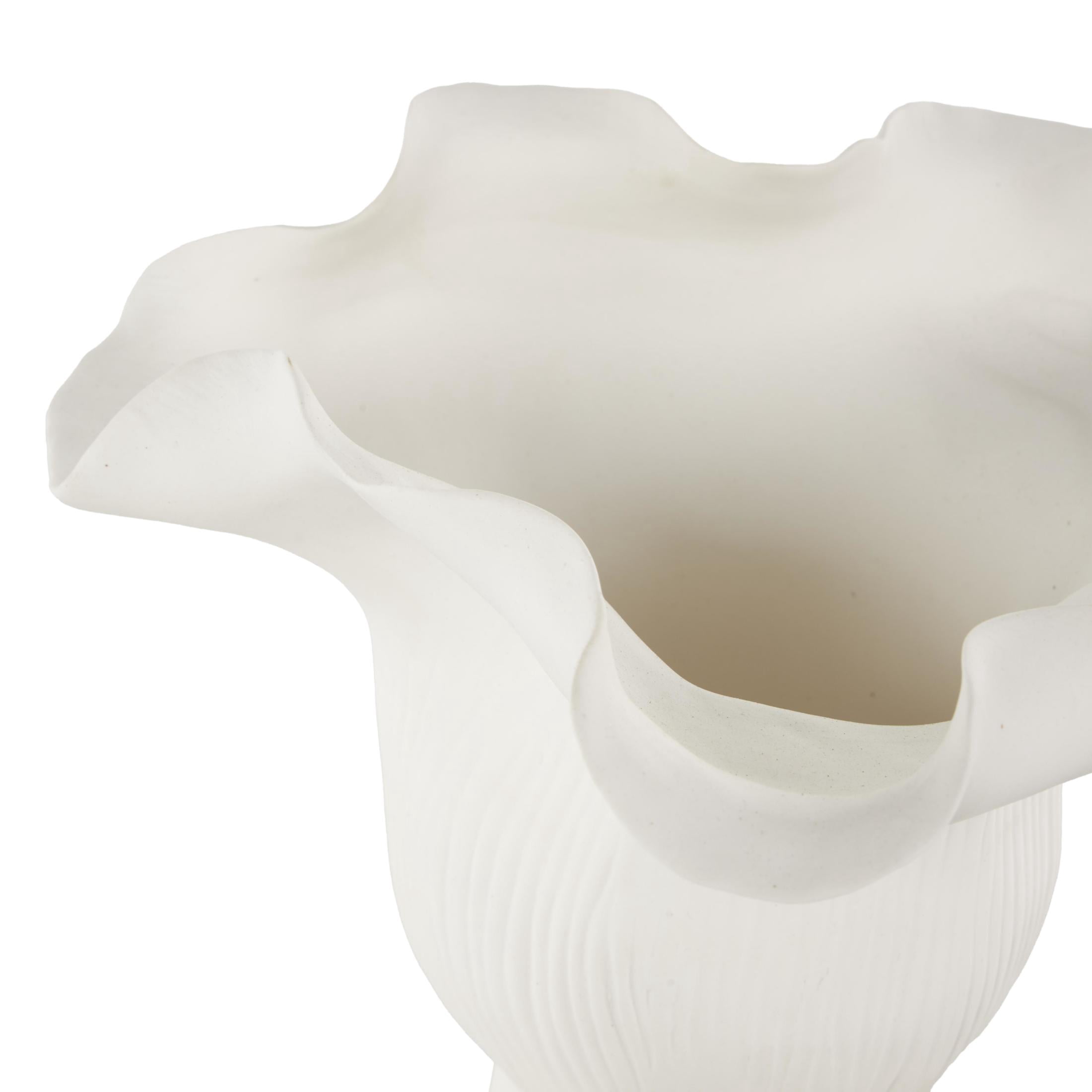 DecMode 8" Abstract Floral Inspired White Ceramic Vase with Wavy Folded Rim and Linear Grooves