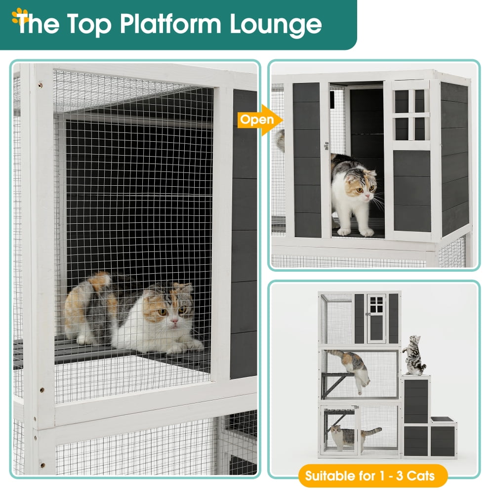 3-Tier Outdoor Wooden Cat House w/ 4 Platforms, 2 Rest Boxes, Weatherproof Cat Enclosure