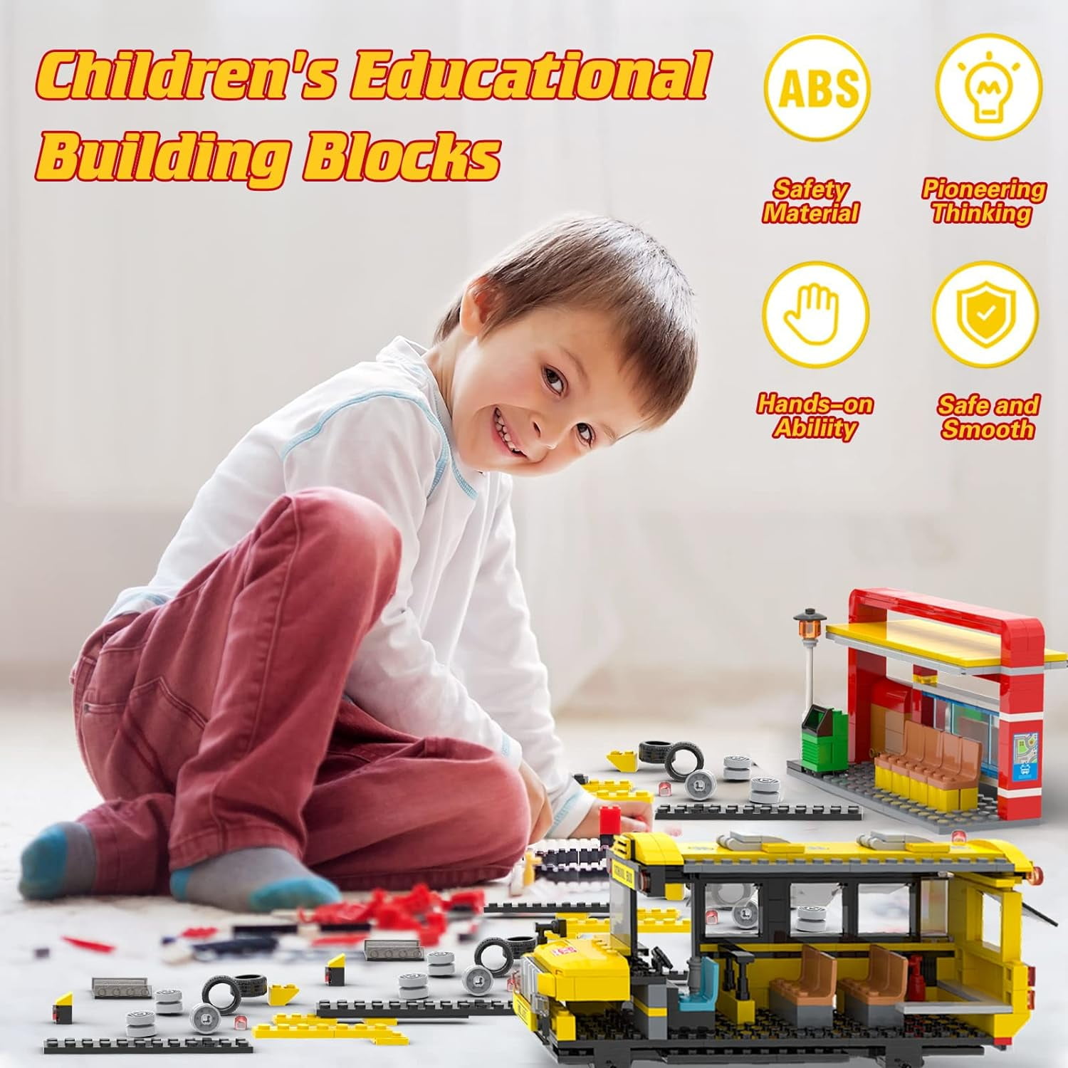 City School Bus Building Kit with Yellow Bus and Bus Station, Creative Building Blocks Toy Birthday Gifts for Kids Boys Girls Aged 6-12 (488 Pieces)