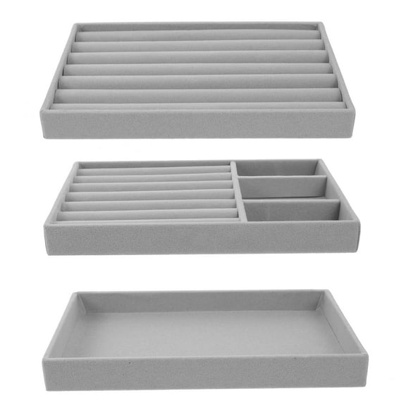 HOOWIFFY Stackable Velvet Jewelry Tray Grey Organizer for Storage 3Pcs