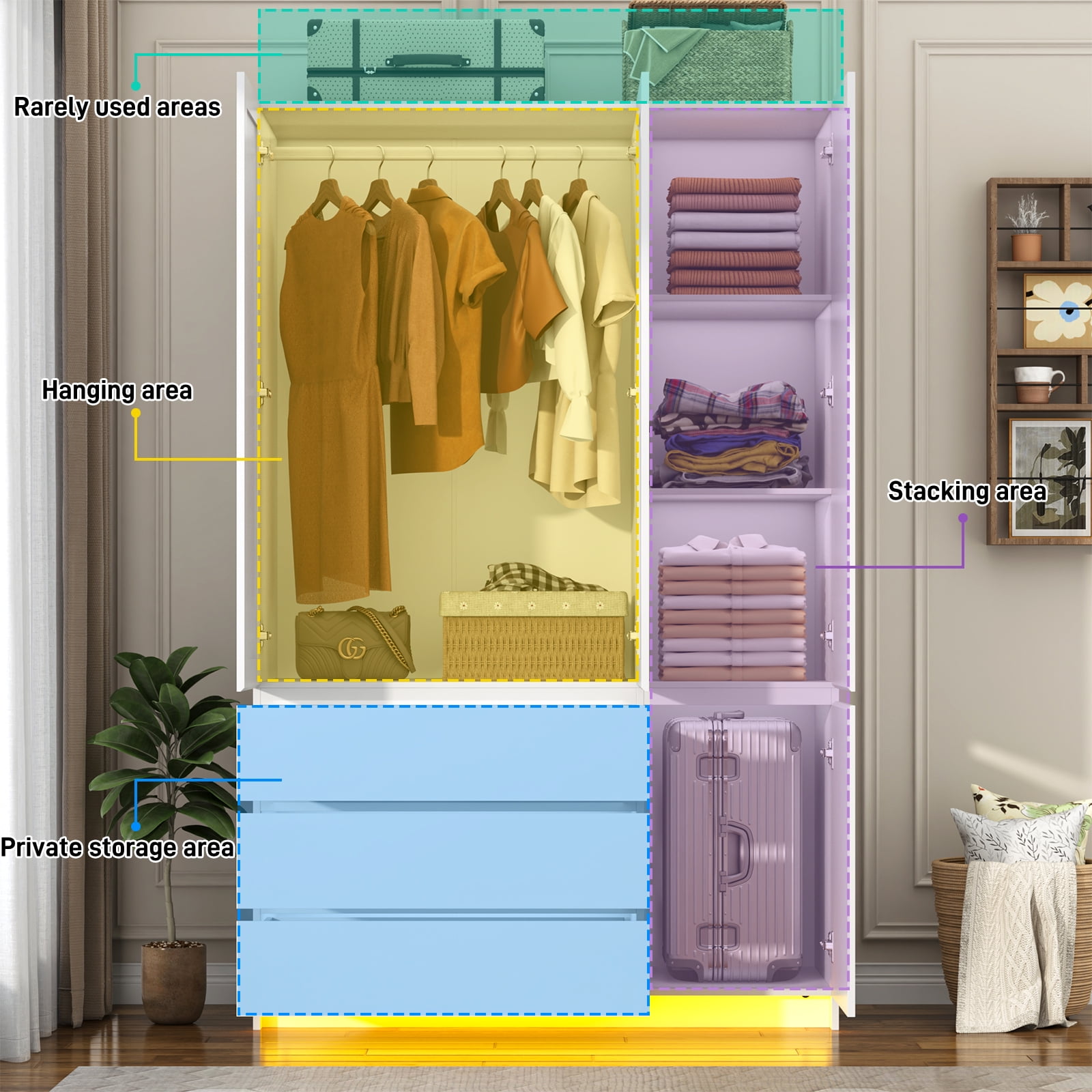 75" Tall 3 Doors Armoire Wardrobe Closet with  3 Drawers and Mirror, Large Wardrobe Closet for Bedroom with LED Lights, Wooden Armoire Storage Cabinet with Hanging Rod, Adjustable shelves (White)
