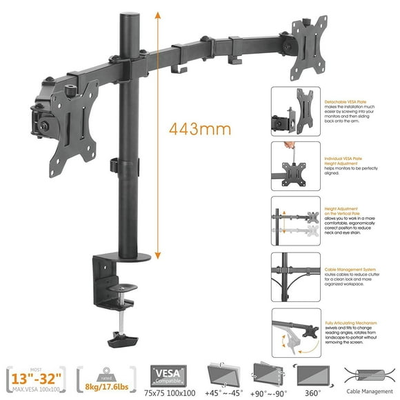 Duramex ™ Dual Monitor Arms Fully Adjustable Desk Mount / Articulating Stand For 2 LCD Screens up to 32” Inch