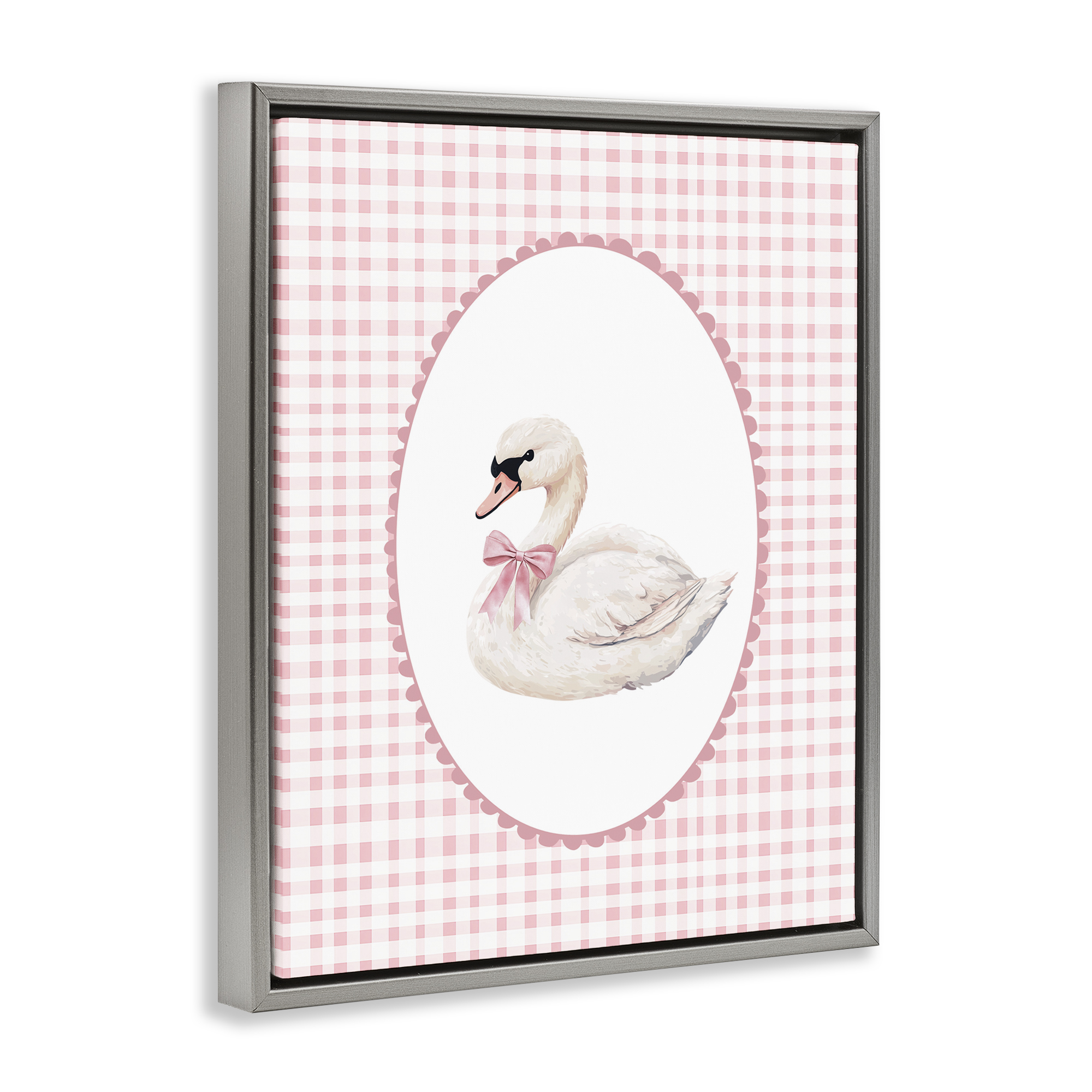 Gentle Swan on Pink Checkered Gray Framed Floater Canvas Wall Art, design by Christine Simpson Art