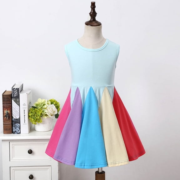 Toddlers Girls Dresses Trendy Sleeveless Round Neck Colorful-Flowy A-Line Midi Dress for 1-5Y Kids Summer