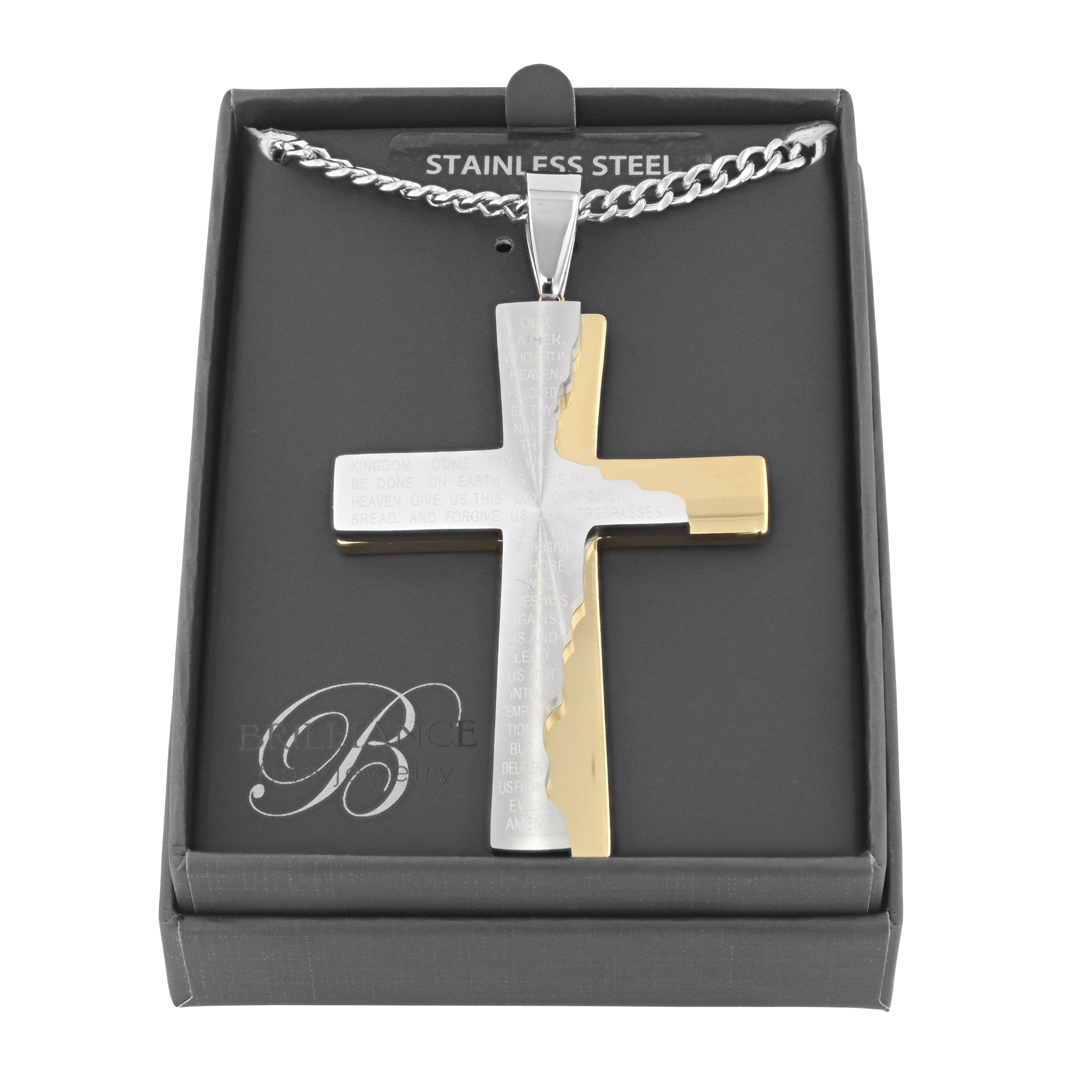 Men's Gold-Tone Stainless Steel The Lord's Prayer Tablet Cross Pendant - Brilliance Fine Jewelry