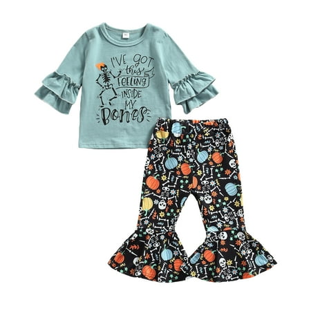 

MERSARIPHY Girl’s Letter Long Sleeve Tops and Skeleton Print Trumpet Pants Set