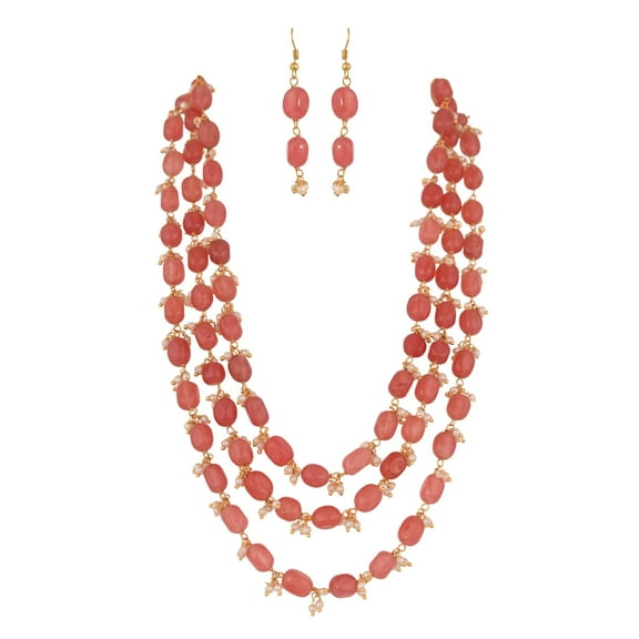 Ratnavali Jewels Pink Quartz Golden Pearl Triple Layer Multi Strand Beads Stone Strand Fashion Necklace Women