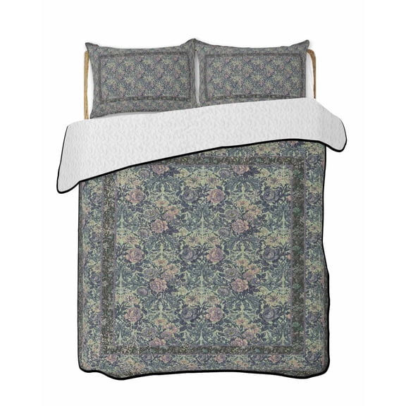 Quilts Queen Size Bedding Set, Blue Boho Reversible Summer Quilt 3 Pieces, Vintage Ethnic Tribe Abstract Art Floral Lightweight Bedspreads Coverlets with 2 Pillow Shams for All Seasons
