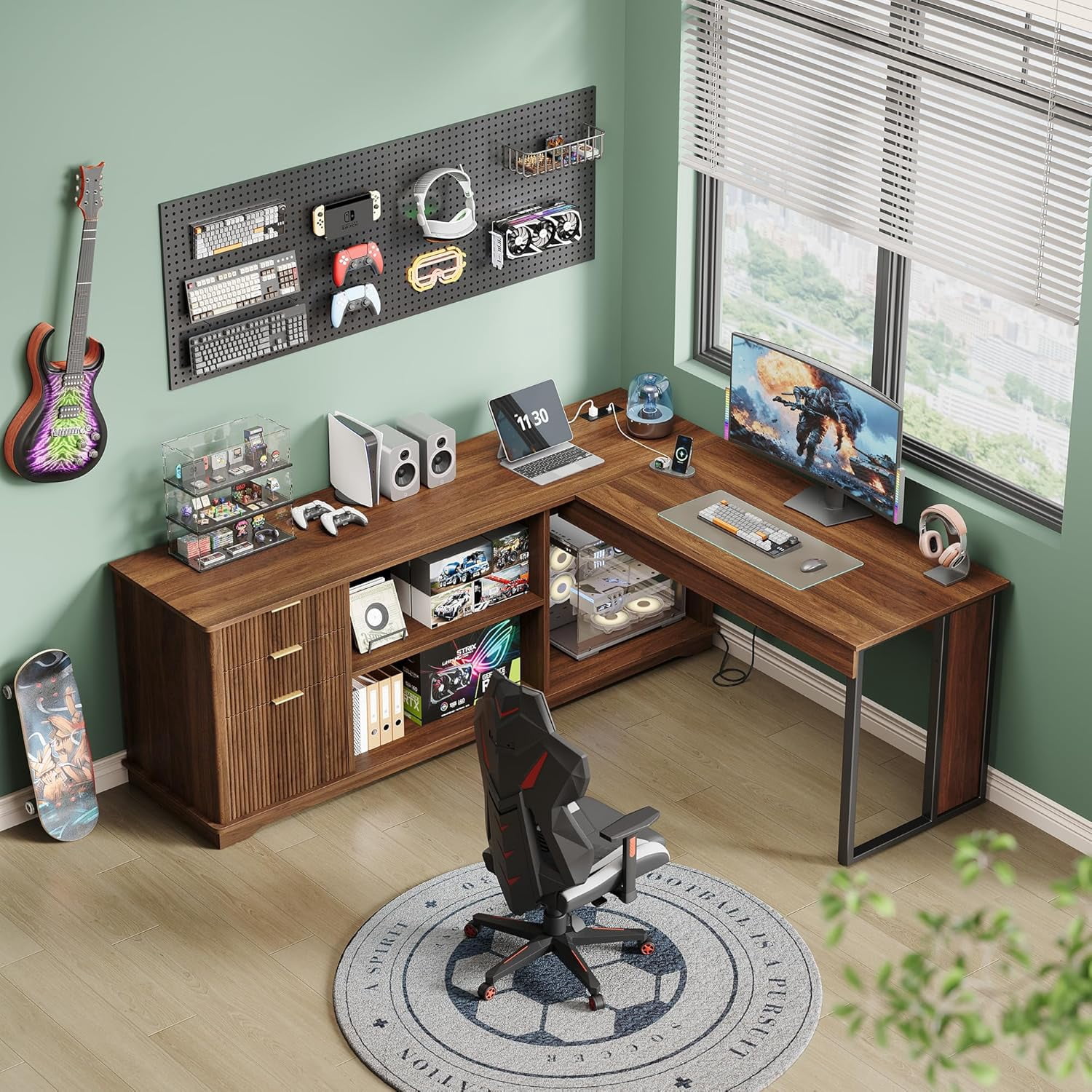Vividwood 63" L Shaped Desk with Lift Top, Power Outlets, 3 Fluted Design Drawers, Storage Shelves, CPU Stand for Home Office (Light Walnut)