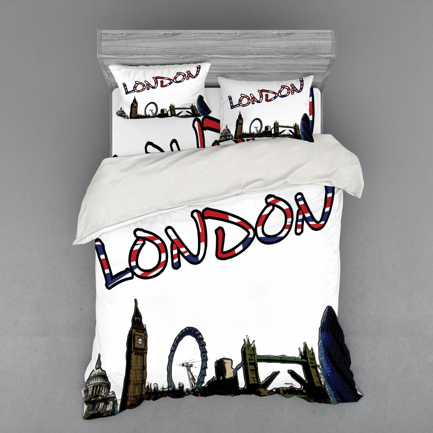 London Duvet Cover Set, Cartoon Drawing Style Famous Landmarks of