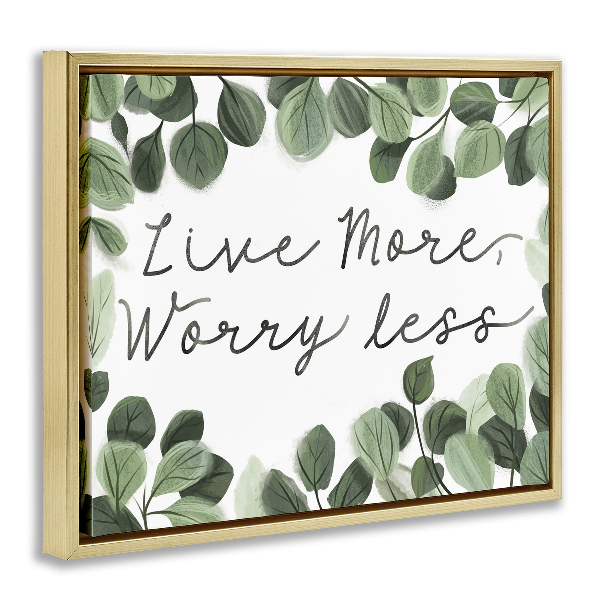 Stupell Industries Love More Worry Less Plants & Flowers Painting Gold Floater Framed Canvas Art Print Wall Art, 21 x 17