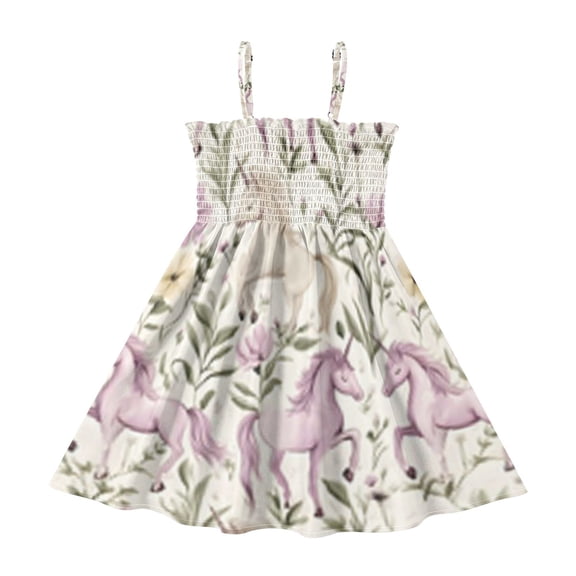 Summer Spaghetti Strap Purple Unicorn Figure A Line Dress Casual Sleeveless Cami Sundress for Size 2-8 Years