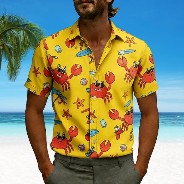 Ceisia Men's Loose Fit Short Sleeve Button-Down Shirts - Cartoon Crab Ocean Print Yellow L Gifts