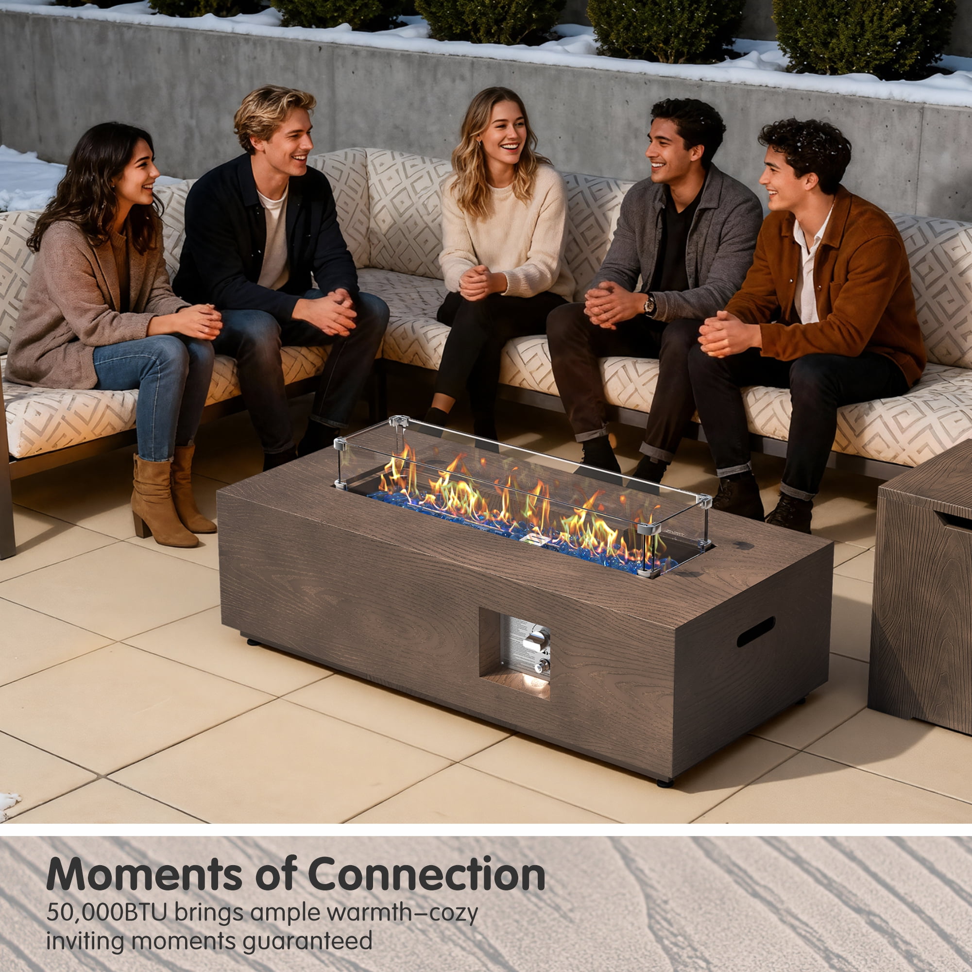 42 in. Retangular Coating Steel Propane Firepit Table, 50,000 BTU Outdoor Fire Pit Table in Dark brown Wood Grain