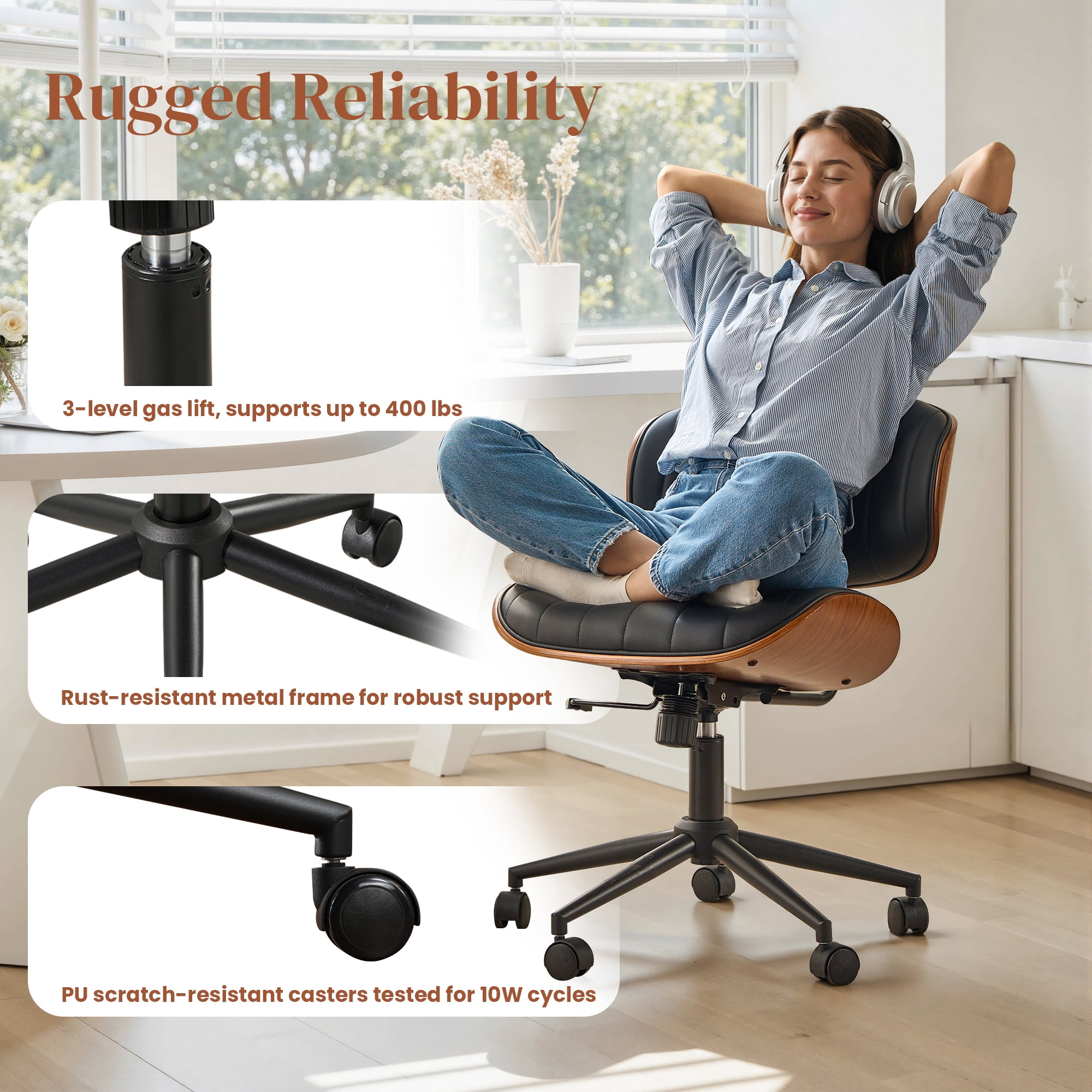 XIZZI Home Office Chair, Armless Mid-Century Ergonomic Desk Chair with 3" Thick Cushion, Premium PU Leather Mid Back 360 Swivel Computer Chair with Walnut Design, Ribbed Black