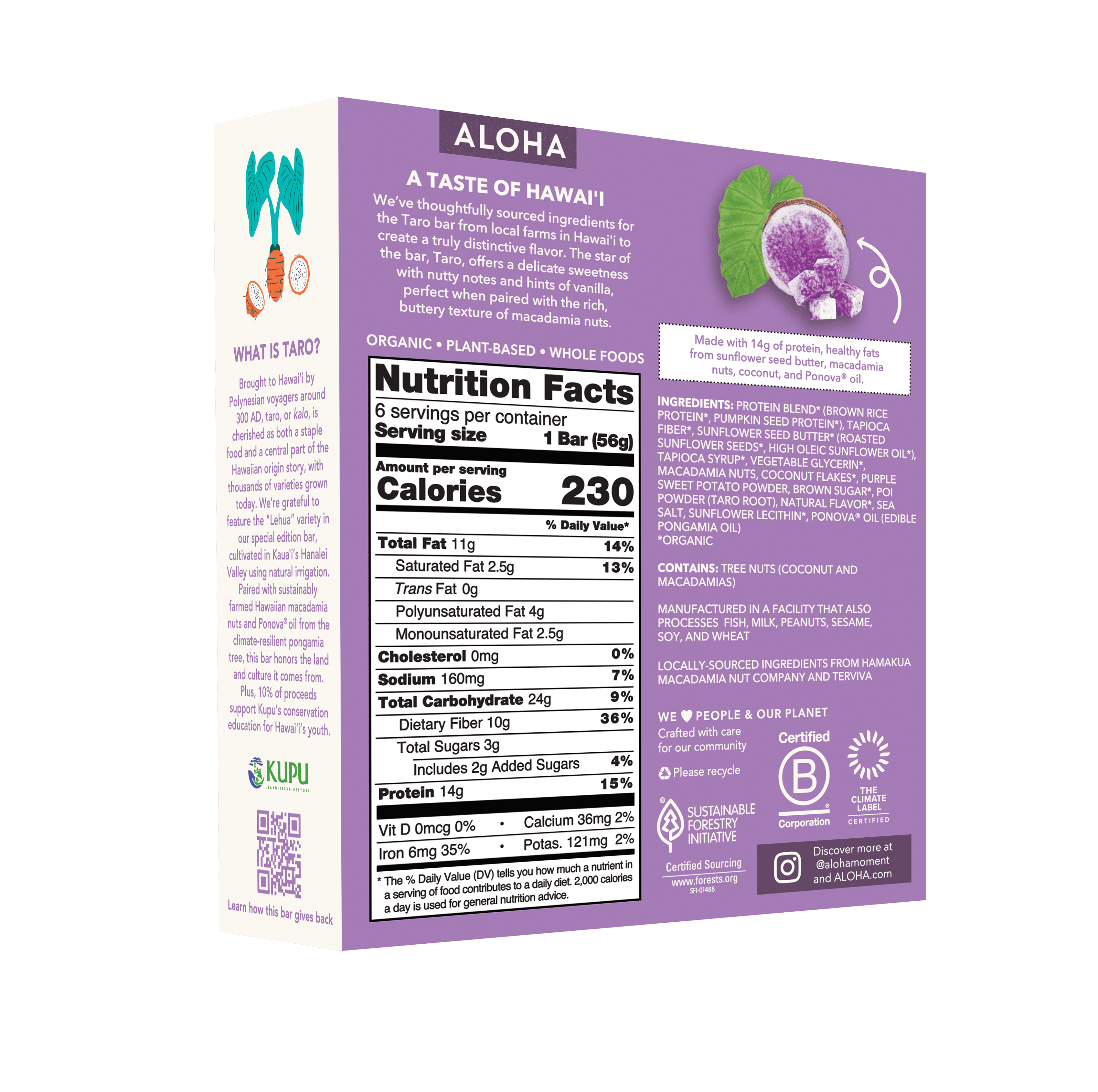 ALOHA, Organic Plant Based Protein Bars, The Taro Bar, 14g Protein (Pack of 6)