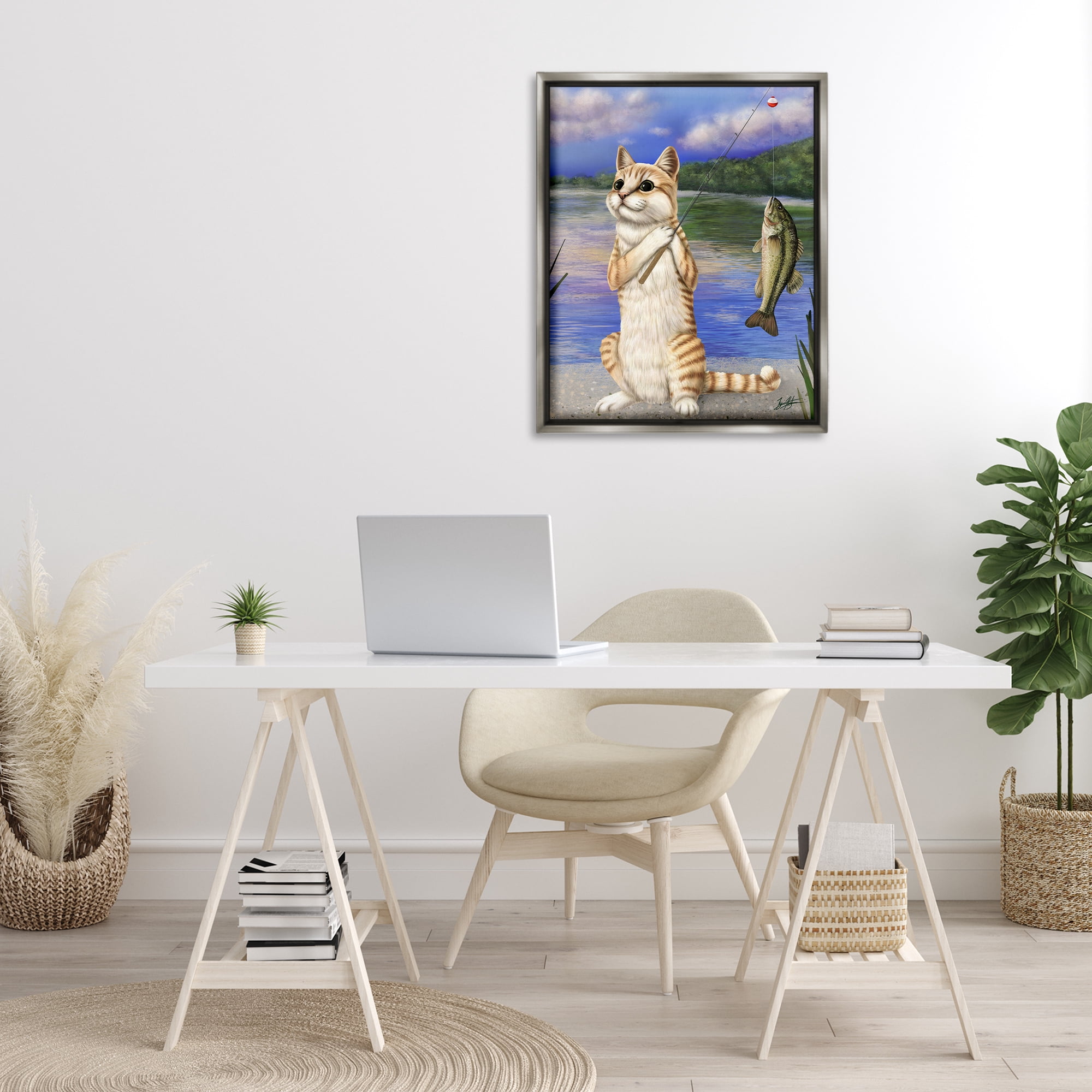 Stupell Industries Fishing Cat by Lake Animals & Insects Painting Gray Floater Framed Canvas Art Print Wall Art, 25 x 31