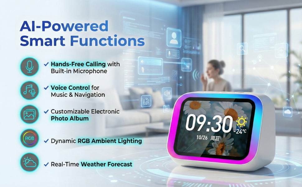 Smart Alarm Clock,Digital Alarm Clock for Bedroom with Wireless Bluetooth 5.4 Speaker,Dynamic RGB Light,Stereo Sound,Large Screen Display,Time&Weather Display,Hand-Free Calls,Great for Seniors,Kids