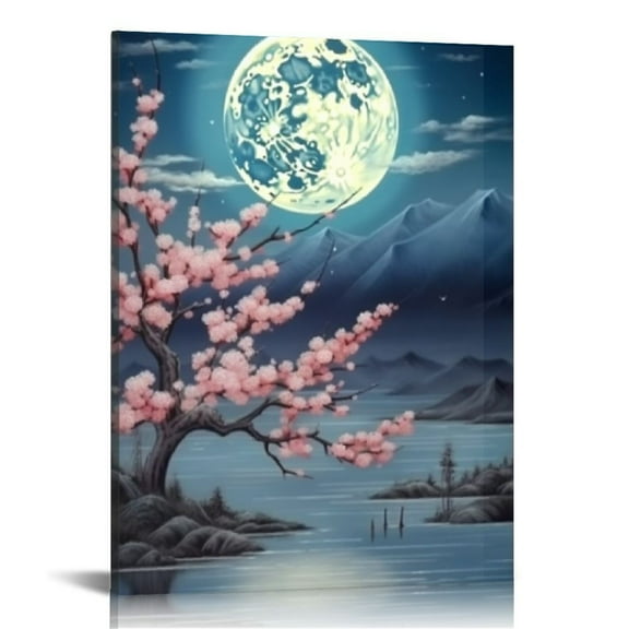COMIO  Cherry Blossom Moon Lake Landscape Canvas Wall Art Japanese Aesthetics Floral Art Print for Living Room, Bedroom, Kitchen and Office Decor