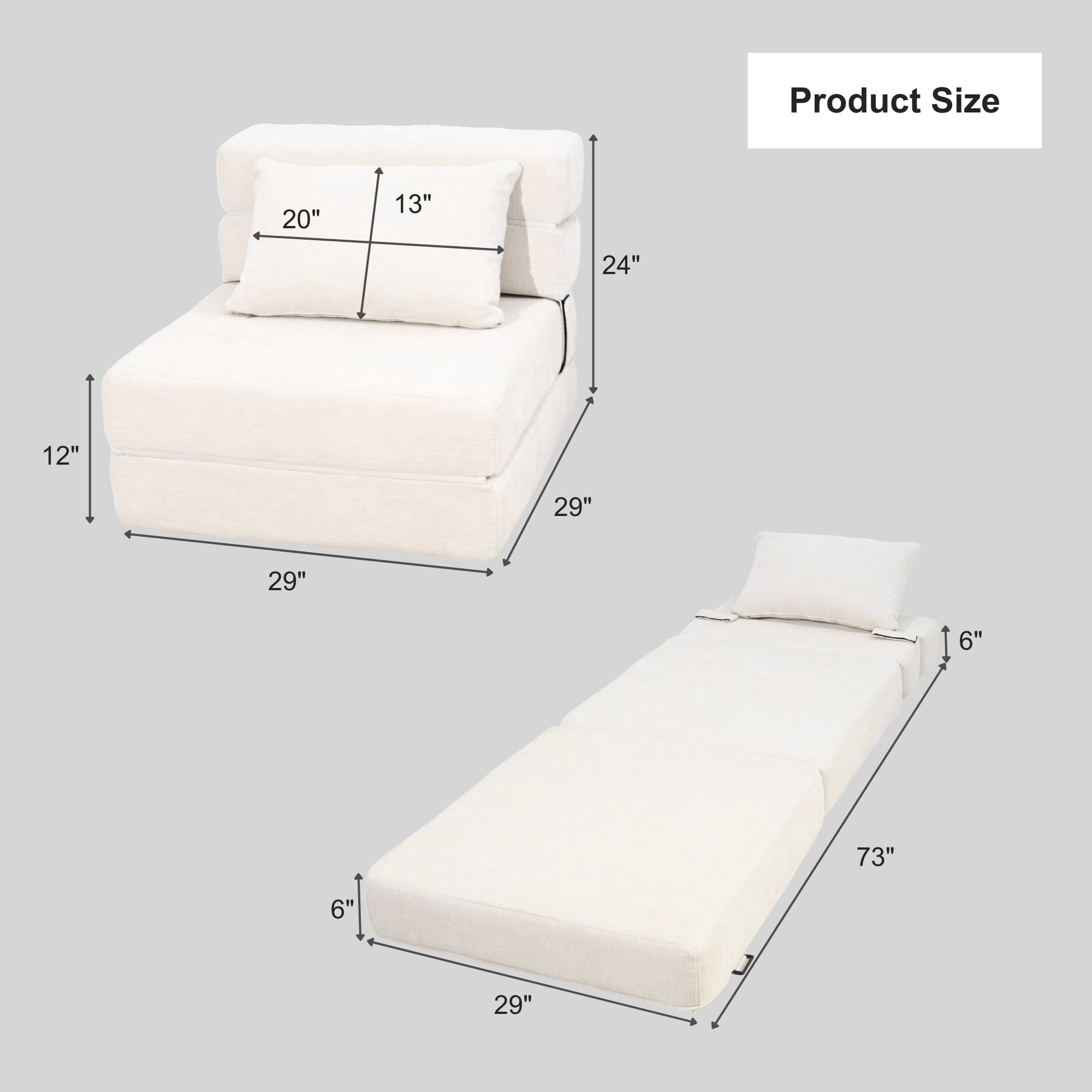 Oak and Birch Folding Sofa Bed Floor Couch with Pillow, 3-in-1 Convertible Boneless Convertible Chair, Chaise Lounge & Sleeper for Living Room, Apartment, Dorm, Gaming Room, Chenille, Cream