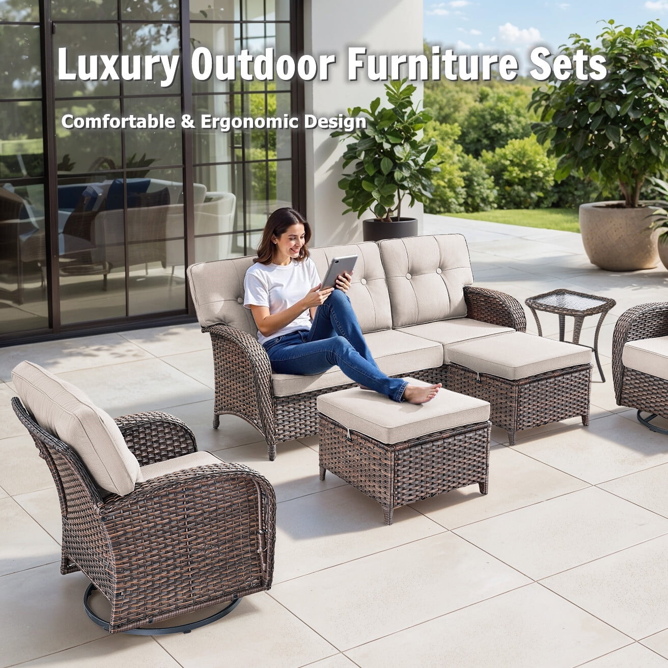 Bellefurn Luxury 5 Piece Outdoor Furniture Set with Swivel Glider Chairs,Sofa and Coffee Table,High Back Outdoor Conversation Sets for Porch Deck Garden Backyard