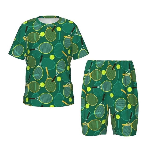 Fotbe Tennis Rackets and Balls Pijama Estampada de 2 Piezas para Niños – Ropa de Dormir de Manga Corta Cómoda para Niños y Niñas, Camiseta y Shorts de Algodón-X-Large