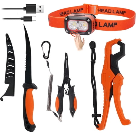 Fishing Kit 4 Mode LED Headlamp Rechargeable Filleting Knife Fishing Pliers with Lanyards Gripper As A Gift For Angler
