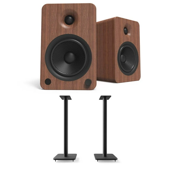Kanto YU6WALNUT 200W Bluetooth Bookshelf Speakers - Walnut (Pair) with Kanto SP26PL 26" Fixed-Height Stands - Black (Pair) (2022)