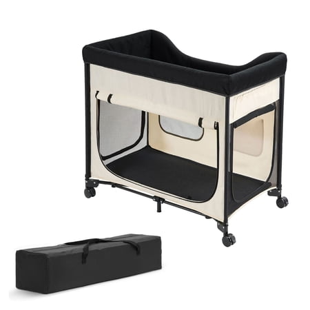 Foldable Dog Bed Elevated L Beige - Portable Raised Cot with Wheels & Storage - 600D Oxford Dutch Velvet Pet Bed for Cats & Dogs