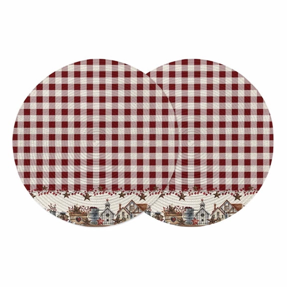 Farmhouse Round 15 Inch Placemats Set of 2, American Country Star Barn Red Brown Plaid Berry HeatResistant Non Slip Place Mats for Dining Table, Wipeable Braided Kitchen Table Mats for Housewarming