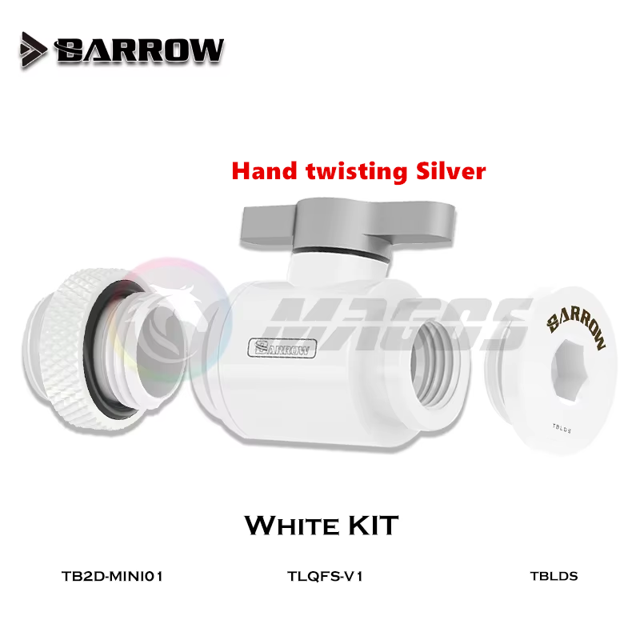 Barrow Water Stop Kit, Switch+Plug+Male to Male Fitting/Double Inner Water Colling Kit G1/4 Thread, Black/White/Silver Silver White kit
