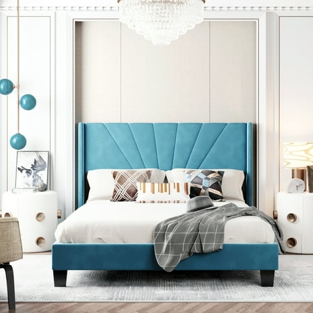 uhomepro Blue Queen Bed Frame with Velvet Upholstered Headboard  Modern Platform Bed Frame for Adults Teens Kids  Bedroom Furniture w/ Wood Slats Support  Need Box Spring