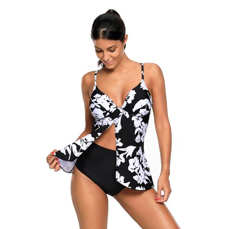 HDE Womens Floral Tankini Set 2 Piece Black White Flyaway Top High Waist Bottoms (Black White Floral, (Best Tankini For Large Breasts)