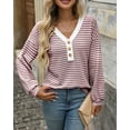 thumbnail image 3 of Women's Casual Loose V-Neck Striped Button Wine Red Pullover Sweatshirt,Spring/Autumn/Winter,S-2XL, 3 of 6