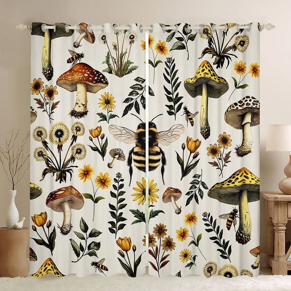 Manfei Teens Boys Girls Animal Honeybee Black Out Curtains,Floral Mushroom Curtains Pack of 2 (42x63 Each),Vintage Chic Flowers Bedroom Curtains,Super Cozy Room Decor