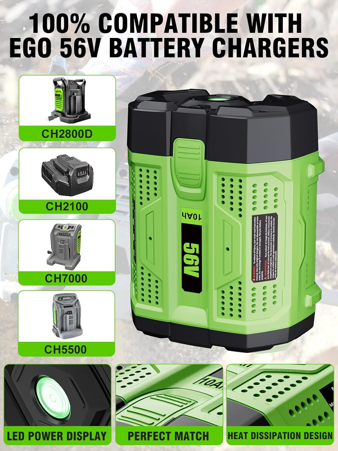 10.0Ah 56V Replacement for EGO Battery BA2800T BA4200T BA5600T BA1400T Compatible with EGO 56 Volt Power Tools（Green）