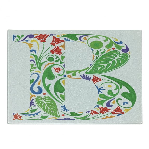 Letter B Cutting Board, Capital with Spring Herbs Flowers Petals Leaves Nature Harvest Swirls Vivid Image, Decorative Tempered Glass Cutting and Serving Board, Small Size, Multicolor, by Ambesonne