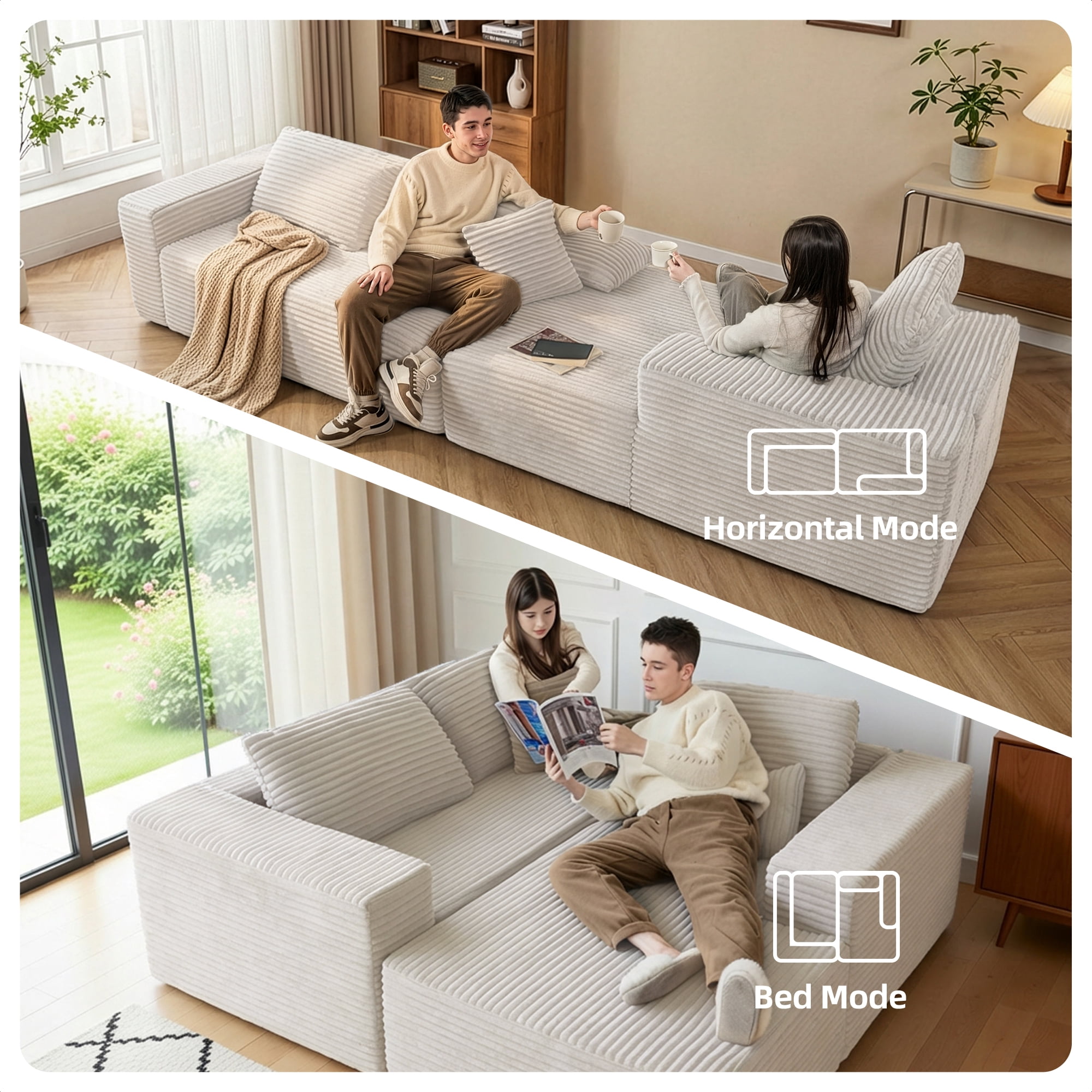 94" Boneless Sectional Sofa with Lounge, L-Shape Living Room Cloud Modular Convertible Sleeper Sofa, Corduroy Couch Deep Seat Sleeper Set,Bedroom Reversible Sofa W/Pillows,Beige,Right