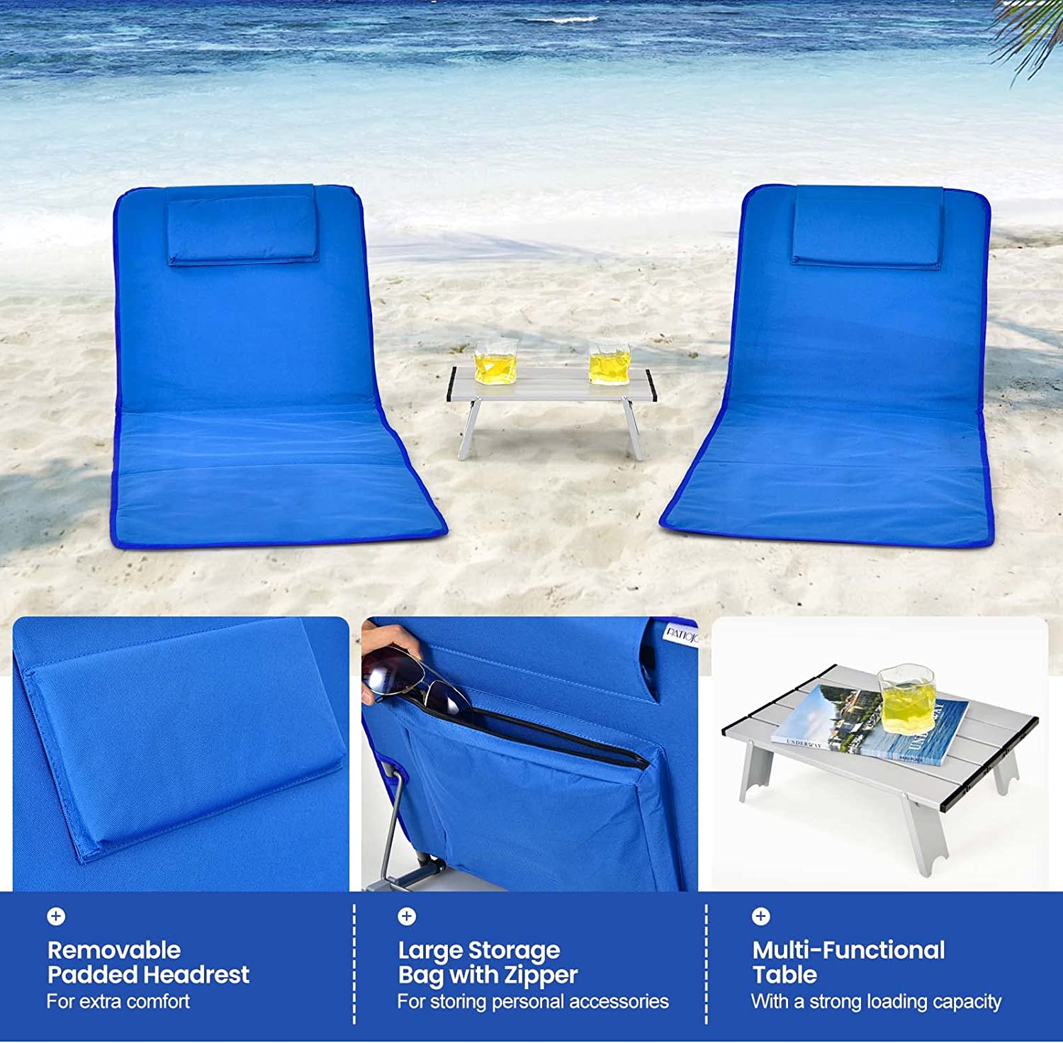 Beach Chairs for Adults with Side Table, Folding Lounge Chairs, 5 Position Adjustable Lawn Chair for Sunbathing, Camping, 2-Pack Set - image 4 of 9