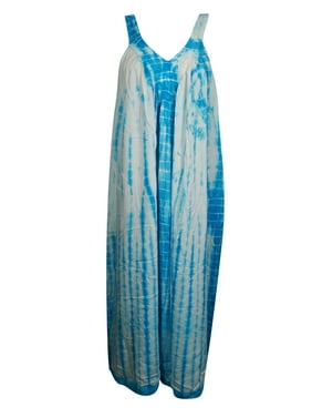 Mogul Women Sundress Tie-Dye Sleeveless V-Neck Summer Style Beach Coverup Comfy Long Tank Dresses