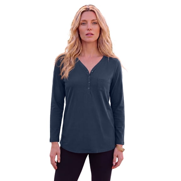 Roaman's Women's Plus Size Long Sleeve Sweetheart Henley Tee