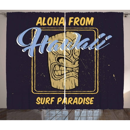 Hawaiian Living Room Tiki Bar Curtains 2 Panels Set, Aloha From Hawaii Surf Paradise Retro Style Tiki Statue Vintage, Window Drapes for Living Room Bedroom, 108W X 96L Inches, Indigo Apricot Pale Blue, by Ambesonne ()