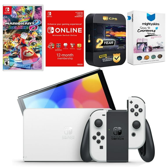 Nintendo Switch White OLED Console with Mario Kart 8 Deluxe, NSO 12 Month Family Membership, MightySkins Console and Controller Skin Voucher, and 2 Year CPS Extended Warranty