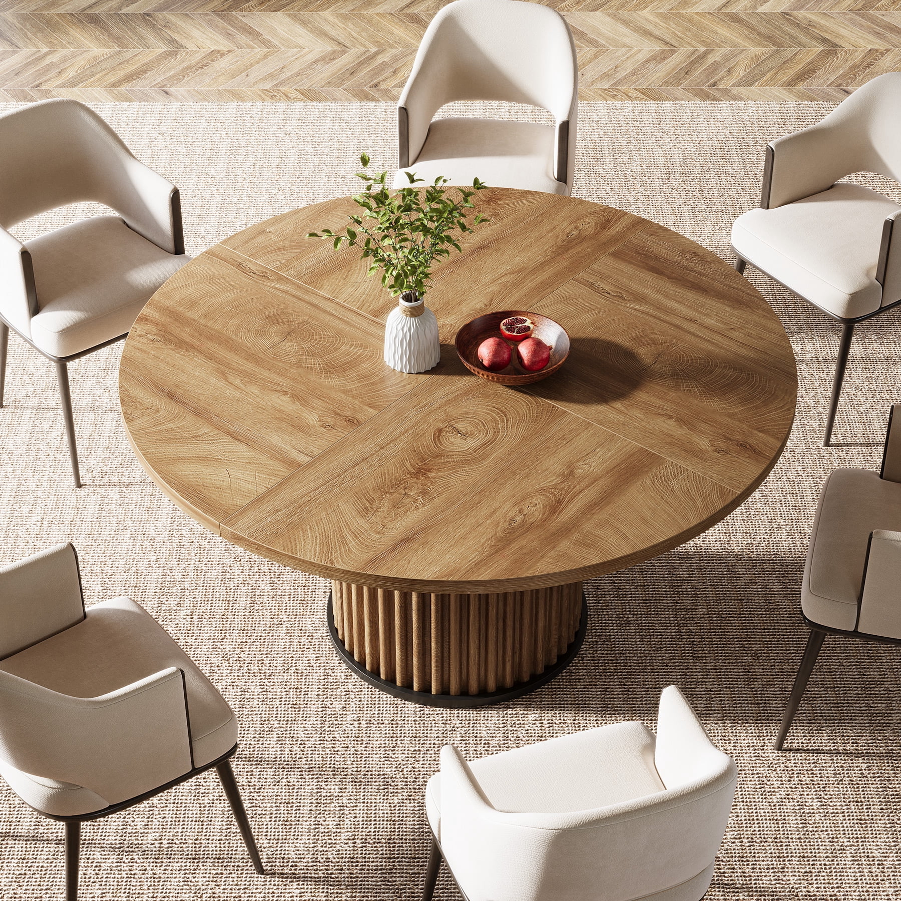 Tribesigns Wood Round Dining Table for 4-6 People, 47.24-Inch Circle Wood Kitchen Table with Sturdy Fluted Metal Base, Modern Dining Room Furniture