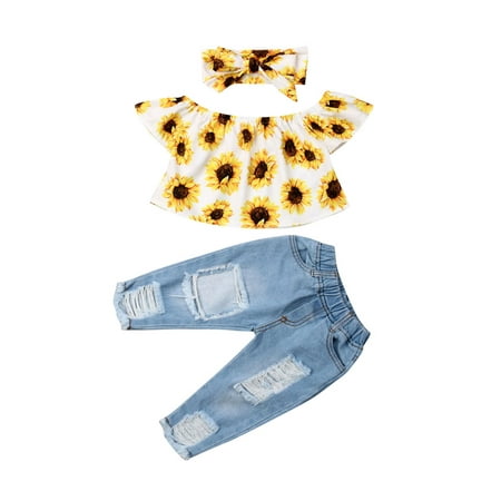 

IZhansean Kids Baby Girls Off Shoulder Tops Ripped Denim Pants Outfits Set Clothes Summer Yellow 18-24 Months