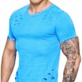 thumbnail image 2 of Hommes Déchiré Couleur Unie Coupe Ample Col Rond T-shirts Décontractés Manches Courtes Courbées, 2 of 8