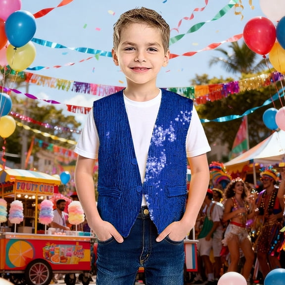 CUZIBR Shirt For Girls Sequin Top Sleeveless V-Neck Tank Top Button Down Vest Carnival Vest Glitter Party Dancewear Waistcoat Cute Trendy Tops ,Blue,6-10 Years