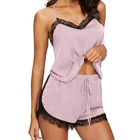 gakvbuo Satin Silk Pajamas Camisole Shorts Set for Women Sleepwear Sexy Lingerie Sets V Neck 2 Piece Pjs Set Pajamas Loungewear Set Vest Cami Top Shorts Set Babydoll Lace Up Nightwear Gift